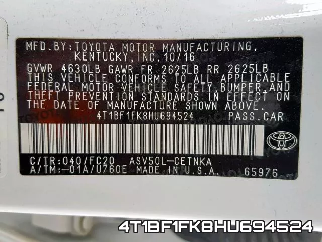 4T1BF1FK8HU694524 фото 2