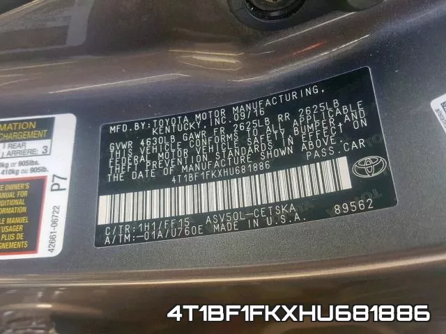 4T1BF1FKXHU681886 фото 2