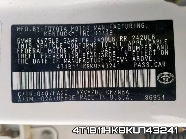 4T1B11HK8KU743241 фото 2