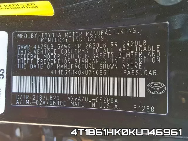 4T1B61HK0KU746961 фото 2