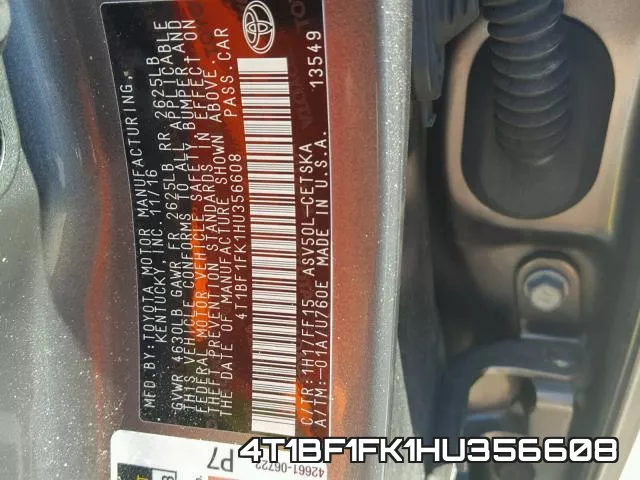 4T1BF1FK1HU356608 фото 2