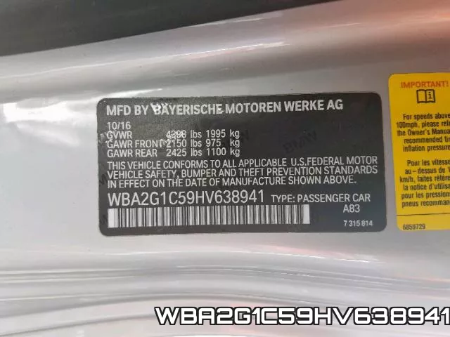 WBA2G1C59HV638941 фото 2