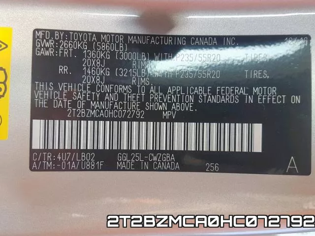 2T2BZMCA0HC072792 фото 2