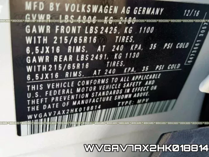 WVGAV7AX2HK018814 фото 2