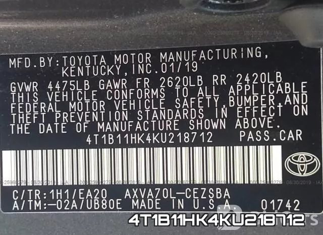 4T1B11HK4KU218712 фото 10