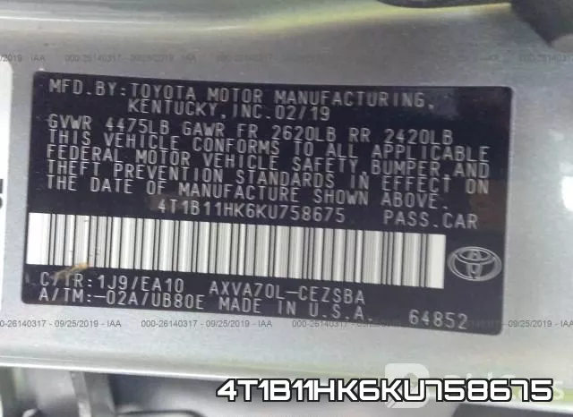 4T1B11HK6KU758675 фото 10
