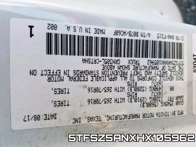 5TFSZ5ANXHX105962 фото 2