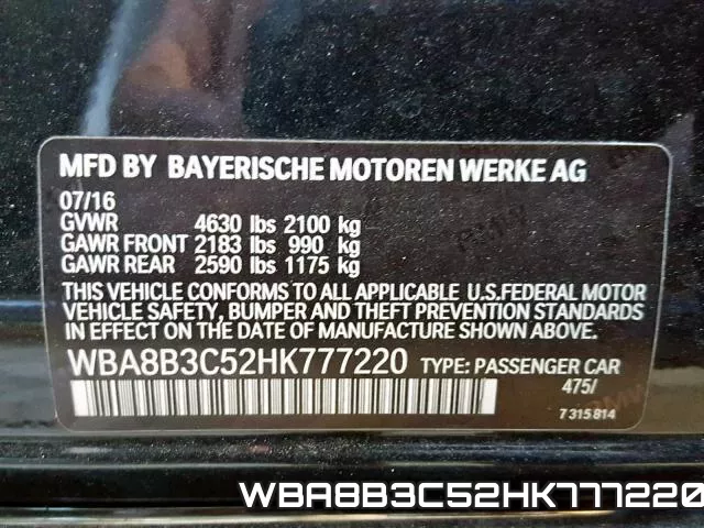 WBA8B3C52HK777220 фото 2