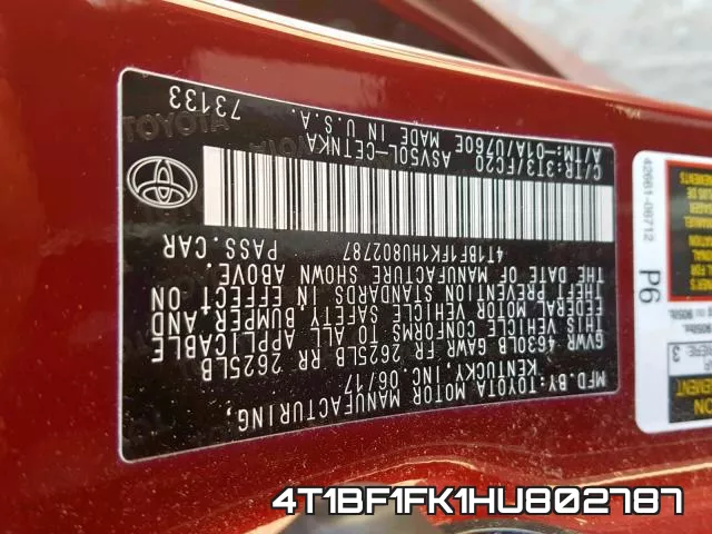 4T1BF1FK1HU802787 фото 2