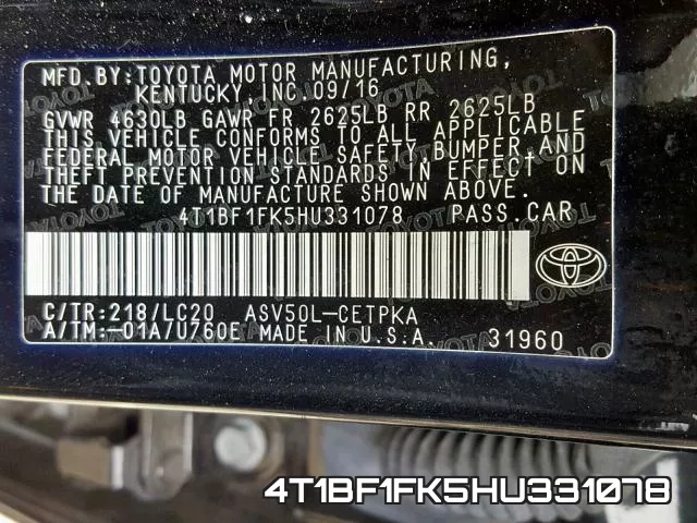 4T1BF1FK5HU331078 фото 2