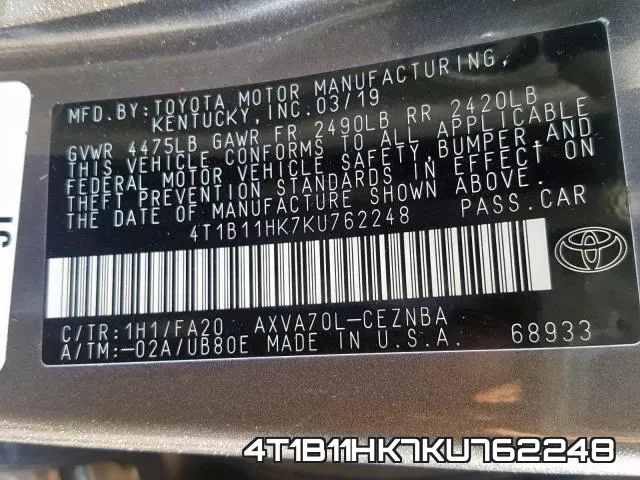 4T1B11HK7KU762248 фото 2