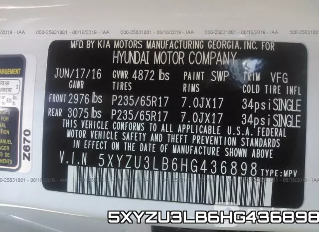 5XYZU3LB6HG436898 фото 9
