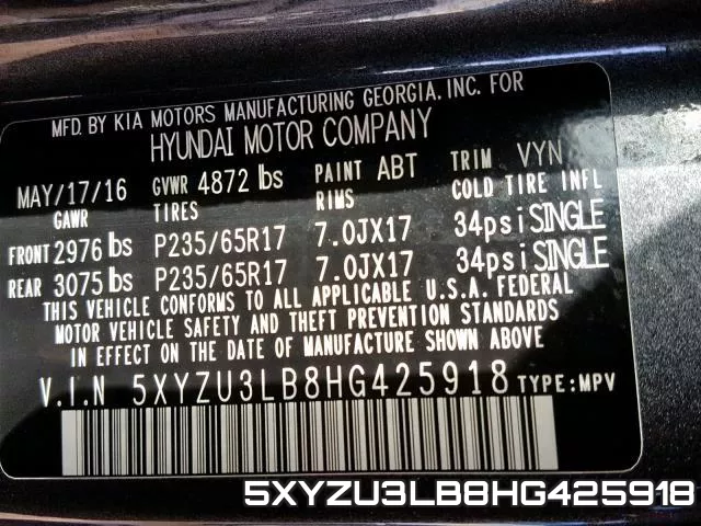 5XYZU3LB8HG425918 фото 2