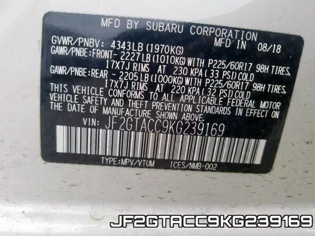 JF2GTACC9KG239169 фото 2