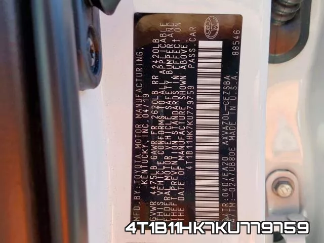 4T1B11HK7KU779759 фото 2