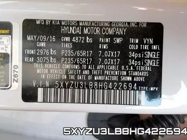 5XYZU3LB8HG422694 фото 2