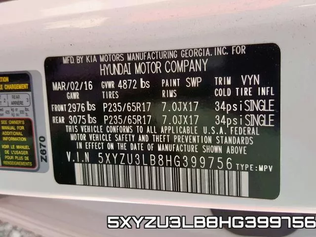 5XYZU3LB8HG399756 фото 2