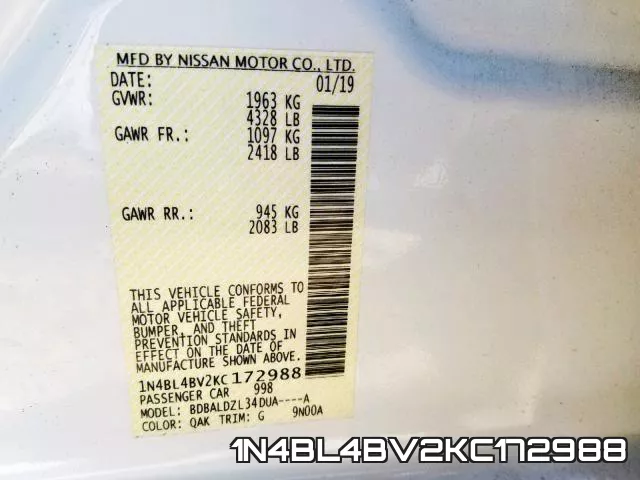 1N4BL4BV2KC172988 фото 2