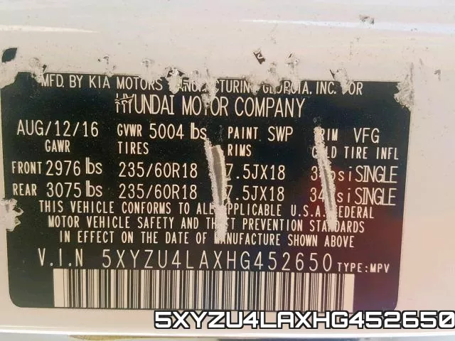 5XYZU4LAXHG452650 фото 2