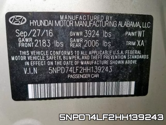 5NPD74LF2HH139243 фото 2