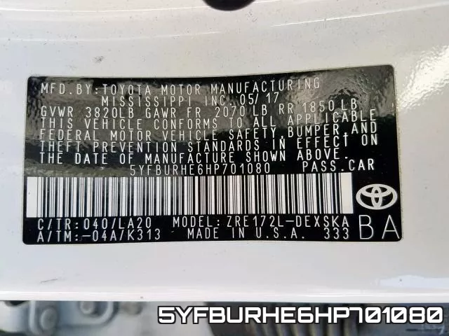 5YFBURHE6HP701080 фото 2