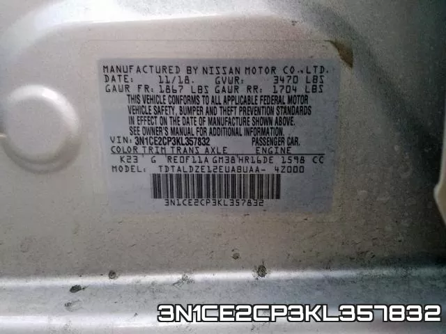 3N1CE2CP3KL357832 фото 2