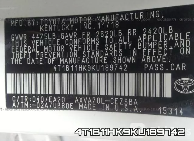 4T1B11HK9KU189742 фото 10