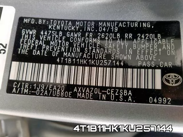 4T1B11HK1KU257144 фото 2