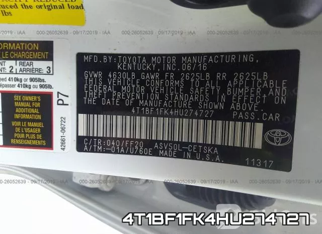 4T1BF1FK4HU274727 фото 10