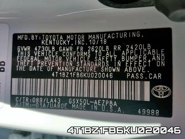 4T1BZ1FB6KU020046 фото 2