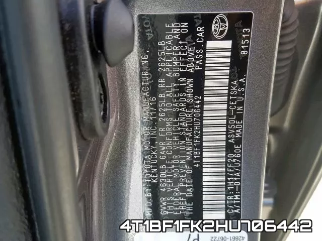 4T1BF1FK2HU706442 фото 2