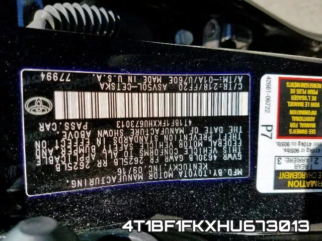 4T1BF1FKXHU673013 фото 2