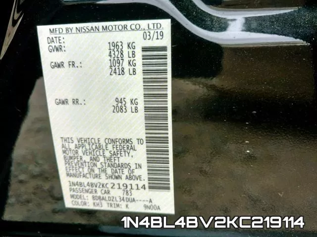 1N4BL4BV2KC219114 фото 2
