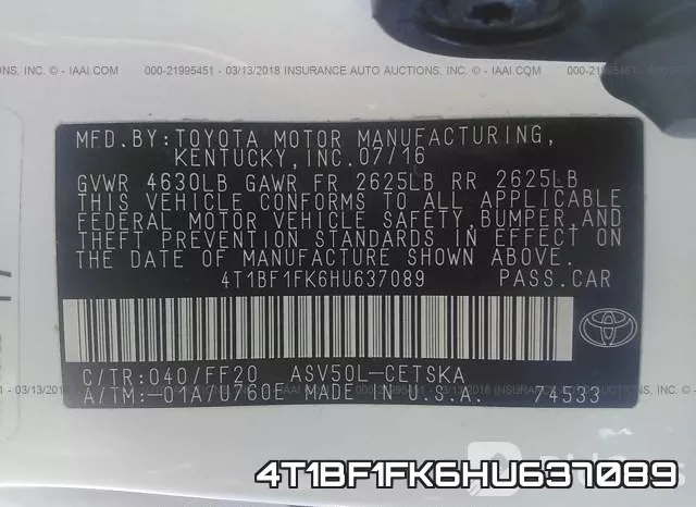4T1BF1FK6HU637089 фото 10