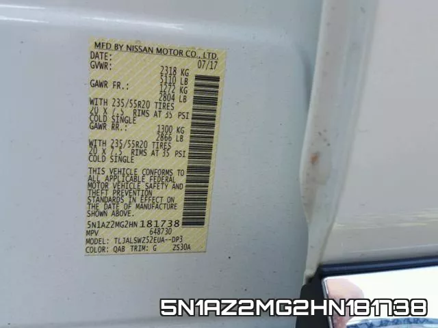 5N1AZ2MG2HN181738 фото 2