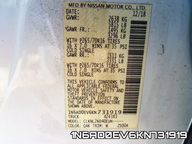 1N6AD0EV6KN731919 фото 2