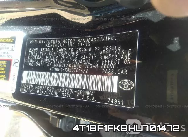4T1BF1FK8HU701472 фото 10