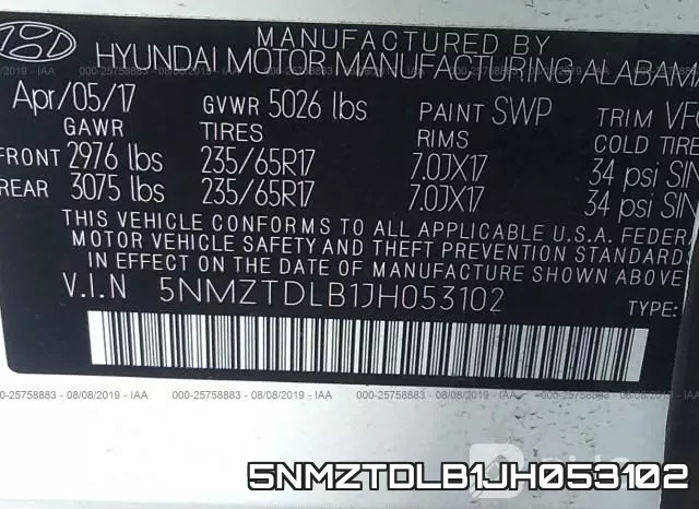 5NMZTDLB1JH053102 фото 10