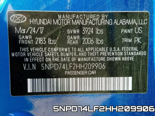 5NPD74LF2HH209906 фото 2