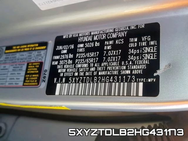 5XYZTDLB2HG431173 фото 2
