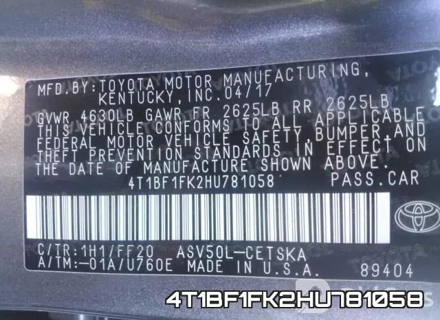 4T1BF1FK2HU781058 фото 9