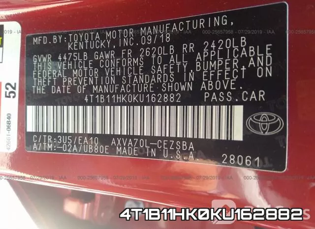 4T1B11HK0KU162882 фото 9