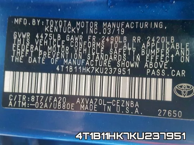 4T1B11HK7KU237951 фото 2