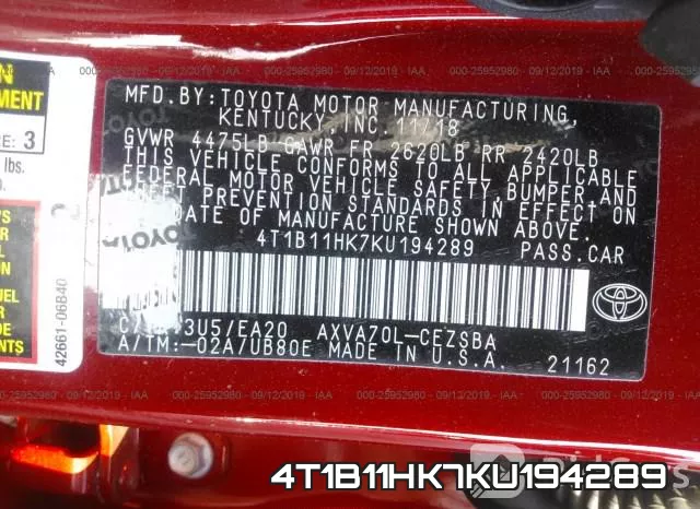 4T1B11HK7KU194289 фото 10