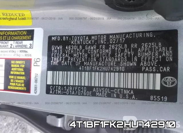4T1BF1FK2HU742910 фото 10