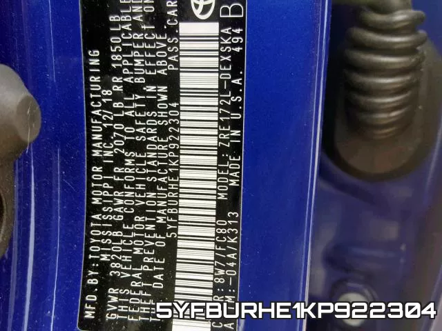 5YFBURHE1KP922304 фото 2