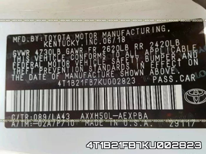 4T1B21FB7KU002823 фото 2