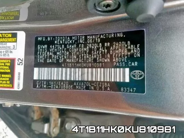 4T1B11HK0KU810981 фото 2