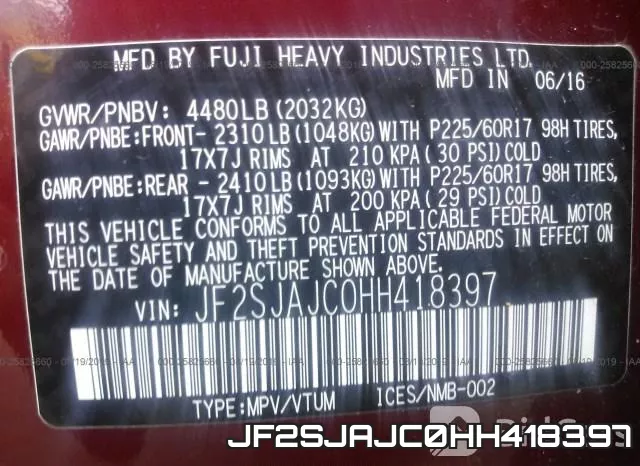 JF2SJAJC0HH418397 фото 10