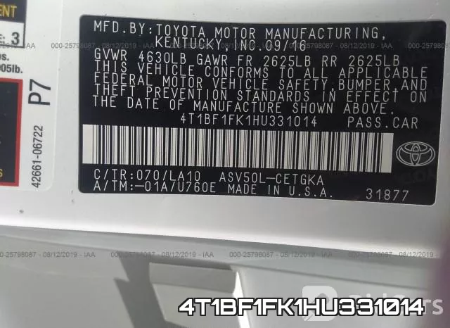 4T1BF1FK1HU331014 фото 10